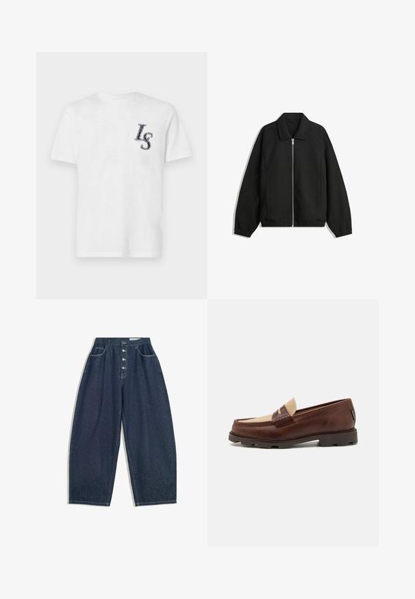 Black jacket made of textured fabric, featuring a full front zip, collar, and elastic cuffs with a relaxed fit and side pockets.; White cotton t-shirt with short sleeves, featuring a navy blue "LS" logo on the left chest area. Smooth texture, classic crew neck design.; Dark blue denim wide-leg trousers with a high waist, five-button closure, and five pockets. Features stitching accents on seams.; Brown leather loafers with a taupe canvas accent, stitched detail, and a textured rubber sole designed for comfort and durability.