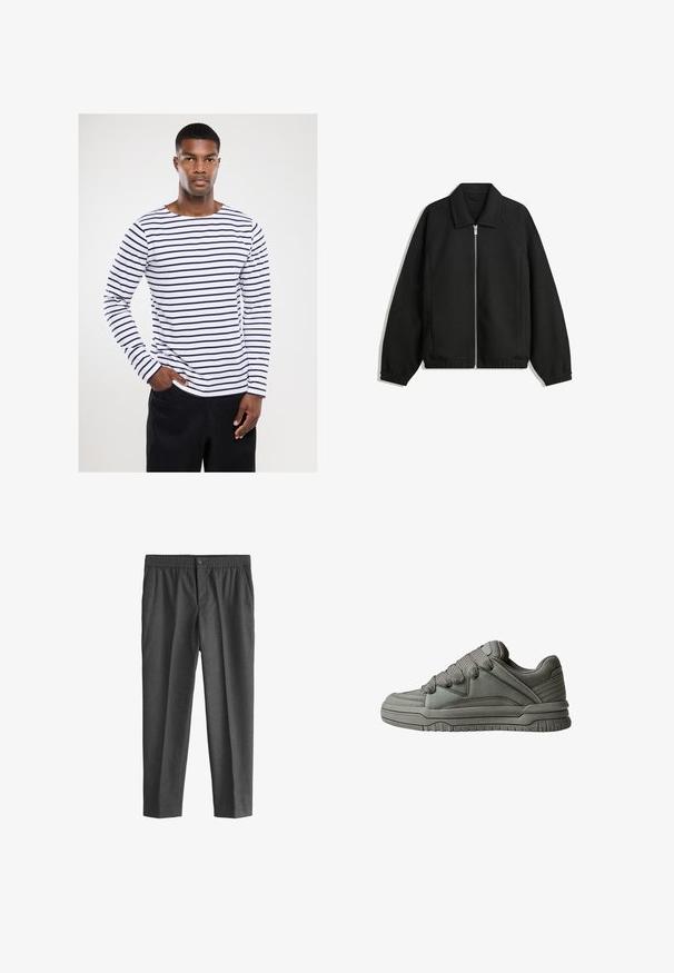 Sort jakke lavet af struktureret stof, med fuld frontlynlås, krave og elastiske mansjetter, i en afslappet pasform og sidelommer.; Langærmet stribet skjorte med marineblå og hvide vandrette striber, rund halsudskæring og en afslappet pasform, lavet af bomuldsstof.; Mørkegrå bukser med elastisk talje, knaplukning og lige ben. Blød tekstur, glat stof og uden synlige mønstre.; Grå atletisk sko med struktureret læder og mesh-overdel, tyk gummisål og fremtrædende polstret tunge og sider. Snørebånd og sidelogo inkluderet.