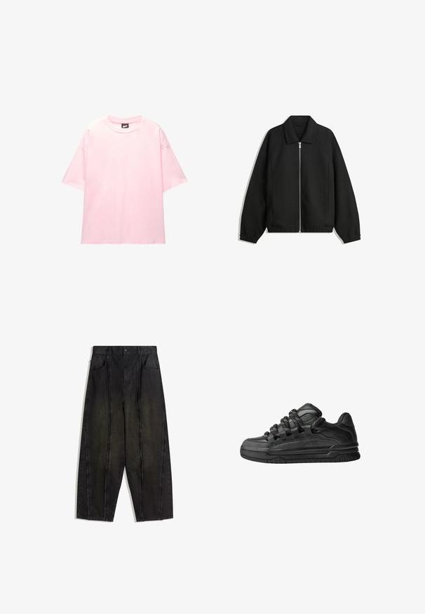 Črna jakna iz teksturirane tkanine, z dvostranskim zadrgo spredaj, ovratnikom in elastičnimi manšeti, sproščenega kroja in stranskimi žepi.; Svetlo roza oversized majica iz bombaža s kratkimi rokavi, okroglo ovratnikom in belim vezenim besedilom spredaj.; Črne široke jeans hlače z vidnimi šivi in razpršenimi robovi, ki imajo dve sprednji žepi in visok pas.; Črne superge z gladkim usnjenim zgornjim delom, teksturiranimi detajli in okroglimi črnimi ter belimi vezalkami. Debel gumijast podplat z vzorčastim profilom.