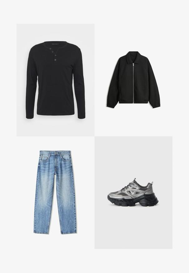 Black jacket made of textured fabric, featuring a full front zip, collar, and elastic cuffs with a relaxed fit and side pockets.; Black long-sleeve henley shirt made of soft fabric, featuring a buttoned placket, round neckline, and fitted sleeves.; Light blue denim jeans with a loose fit, straight leg design, five pockets, and faded texture. Includes a front button and zipper closure.; Silver and black athletic shoes with a chunky sole, mesh panels, and curved design. Features laces and a pull tab at the heel.
