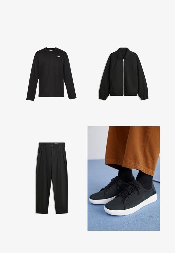 Schwarze Jacke aus strukturiertem Stoff, mit vollem Reißverschluss auf der Vorderseite, Kragen und elastischen Manschetten, im entspannten Schnitt und mit seitlichen Taschen.; DEF EVERYDAY - Langarmshirt - black; Schwarze Baumwollhose mit lockerem Schnitt, ausgestattet mit einem klassischen Bund, vorderen Falten und Seiten taschen. Glatte Textur ohne Muster.; Schwarze Wildleder-Sneaker mit weißen Gummisohlen, mit Schnürdesign, strukturierten Akzenten und dezentem Branding, kombiniert mit braunen Hosen.