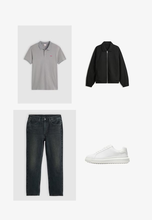Fekete kabát texturált anyagból, teljes elöl cipzárral, gallérral és rugalmas mandzsettákkal, laza szabással és oldalsó zsebekkel.; Szürke póló felső, pamut keverékből készült, két gombos nyakrésszel, bordázott gallérral és mandzsettával, a mellkasán egy kis piros Levi's logóval.; Sötétkék farmernadrág, egyenes fazonnal, ött zsebbel, cipzáras sliccel és kontrasztos varrással. A szövet enyhe kopása.; Fehér edzőcipő sima szintetikus felsőrész, kerek orr, lapos fűzők, texturált talp és réteges, platform dizájn a magasabb megjelenés érdekében.