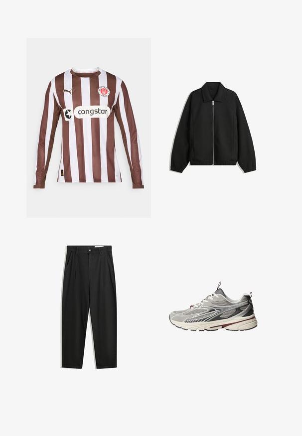 Giacca nera in tessuto texturizzato, con zip frontale a tutta lunghezza, colletto e polsini elasticizzati, dalla vestibilità rilassata e con tasche laterali.; Maglia a maniche lunghe a righe marroni e bianche, realizzata in tessuto traspirante, con colletto rotondo, logo Puma e logo dello sponsor "congstar".; Pantaloni in cotone neri con una vestibilità rilassata, dotati di una vita classica, pieghe frontali e tasche laterali. Tessuto liscio senza fantasie.; Scarpa da ginnastica grigia con tomaia in mesh e pelle, superfici testurizzate, accenti a contrasto neri e bordeaux e una suola ammortizzata.