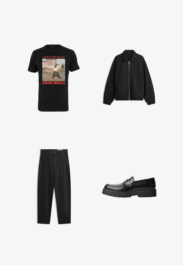 Černá bunda vyrobená z texturované látky, s plným předním zipem, límcem a elastickými manžetami, s volným střihem a bočními kapsami.; Černé bavlněné tričko s vintage fotografií a červeným textem, který zní "MÁM PŘÍBĚH, KTERÝ CHCI VYPRÁVĚT BIGGIE SMALLS" pod obrázkem.; Černé bavlněné kalhoty s uvolněným střihem, klasickým pasem, předními záhyby a bočními kapsami. Hladká textura bez vzorů.; Černé kožené mokasíny s masivní podrážkou a dekoračním páskem přes horní část, zobrazené v levém bočním profilu na bílém pozadí.