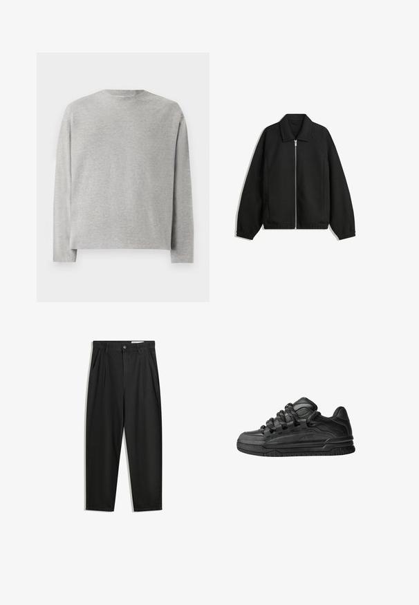 Crna jakna izrađena od teksturirane tkanine, s punim prednjim zatvaračem, ovratnikom i elastičnim manžetama, opuštenog kroja i bočnim džepovima.; Siva majica dugih rukava s okruglim izrezom, napravljena od mekog pamuka. Ima opušteni kroj i minimalistički dizajn bez uzoraka ili akcenata.; Crne pamučne hlače s opuštenim krojem, s klasičnim pojasom, prednjim nabranjima i bočnim džepovima. Glatka tekstura bez uzoraka.; Crne tenisice s glatkom kožnom gornjom površinom, teksturiranim detaljima i okruglim crnim i bijelim vezicama. Debeli gumeni potplat s uzorkom.