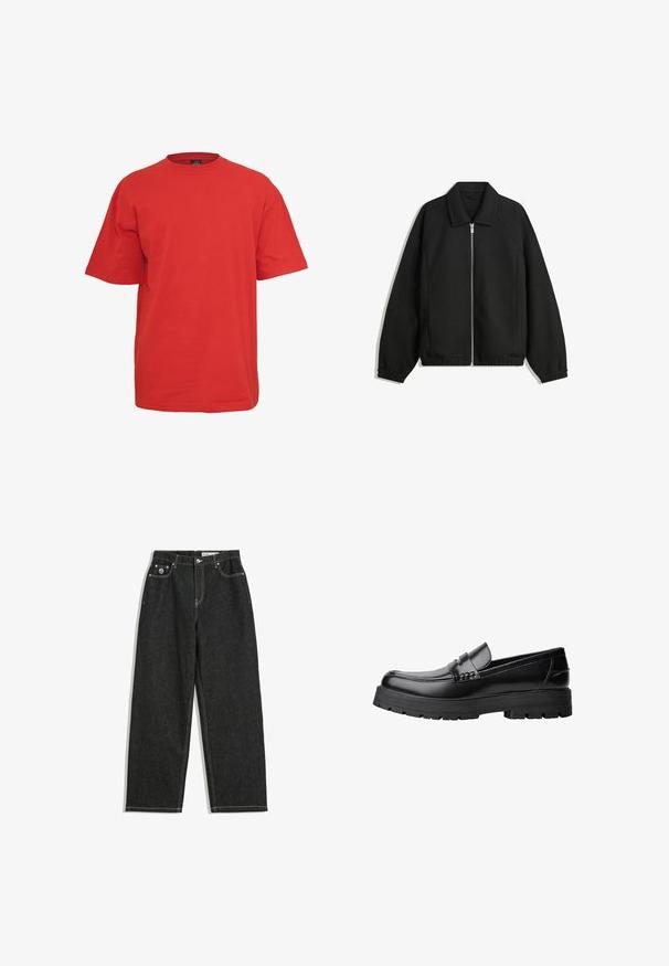 Fekete kabát texturált anyagból, teljes elöl cipzárral, gallérral és rugalmas mandzsettákkal, laza szabással és oldalsó zsebekkel.; Piros pamut póló rövid ujjú, kerek nyakkivágással és laza szabással. Egyszínű, minta vagy díszítés nélkül.; Fekete, egyenes szárú farmernadrág fehér varrással, öt zsebes kialakítással, gombbal és cipzárral záródik, valamint egy kis logó található a jobb elülső zseben.; Fekete bőr loaferek vastag, bordázott talppal és díszcsíkkal az upper rész felett, bal oldali profilmódban, fehér háttér előtt.