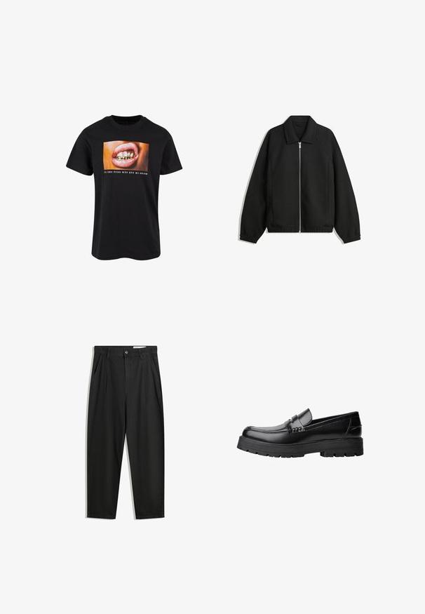 Černá bunda vyrobená z texturované látky, s plným předním zipem, límcem a elastickými manžetami, s volným střihem a bočními kapsami.; Černé bavlněné tričko s grafikou otevřených úst se zlatými zuby a růžovými rty, s bílým textem pod tím na barevném pozadí.; Černé bavlněné kalhoty s uvolněným střihem, klasickým pasem, předními záhyby a bočními kapsami. Hladká textura bez vzorů.; Černé kožené mokasíny s masivní podrážkou a dekoračním páskem přes horní část, zobrazené v levém bočním profilu na bílém pozadí.