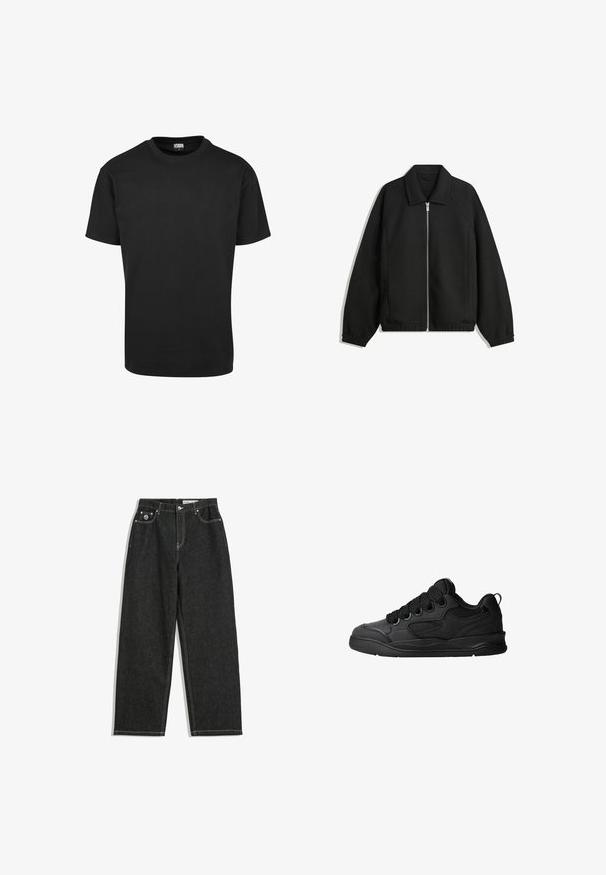 Fekete kabát texturált anyagból, teljes elöl cipzárral, gallérral és rugalmas mandzsettákkal, laza szabással és oldalsó zsebekkel.; Fekete pamut póló kerek nyakkivágással, rövid ujjakkal és egyenes aljjal. Simaság jellemzi; egyszerű, díszítetlen dizájn.; Fekete, egyenes szárú farmernadrág fehér varrással, öt zsebes kialakítással, gombbal és cipzárral záródik, valamint egy kis logó található a jobb elülső zseben.; Fekete sportcipő texturált felsőrésszel, fűzőkkel, légáteresztő hálós részletekkel, párnázott bokarésszel és tartós talppal.