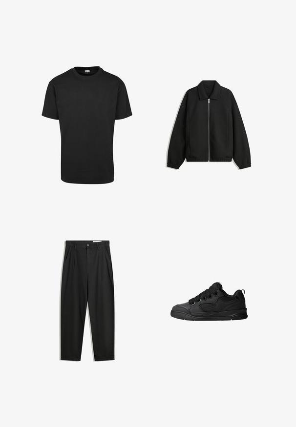 Jachetă neagră dintr-un material texturat, cu fermoar frontal complet, guler și manșete elastice, având o croială lejeră și buzunare laterale.; Tricou din bumbac negru cu guler rotund, mâneci scurte și tiv drept. Textură netedă; design simplu, nepornit.; Pantaloni negri din bumbac cu croială lejeră, având un brâu clasic, plii frontale și buzunare laterale. Textură netedă fără modele.; Adidași negri cu un lateral texturat, având șireturi, accente din plasă pentru respirabilitate, guler căptușit și o talpă rezistentă.