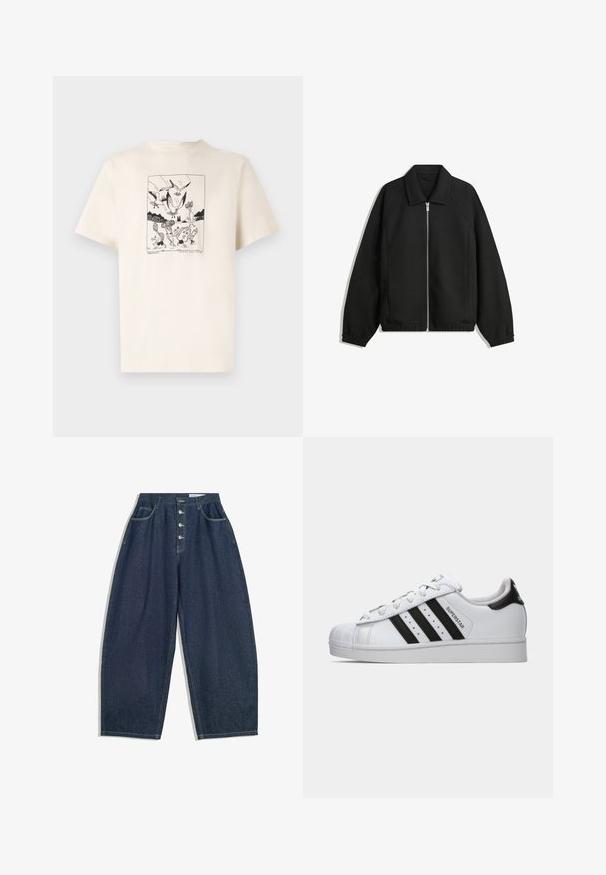 Zwarte jas van textuurstof, met een volledige rits aan de voorkant, een kraag, elastische manchetten, een ontspannen pasvorm en zijzakken.; Crème katoenen t-shirt met korte mouwen, met een zwart grafisch print van vogels en figuren in een omrand ontwerp op de voorkant.; Donkerblauwe denim brede broek met een hoge taille, vijfknopen sluiting en vijf zakken. Heeft stiksels op de naden.; Witte Adidas Superstar sneaker met zwarte strepen, schelpneus en de tekst "Superstar" op de zijkant, weergegeven in linkse profiel op een witte achtergrond.