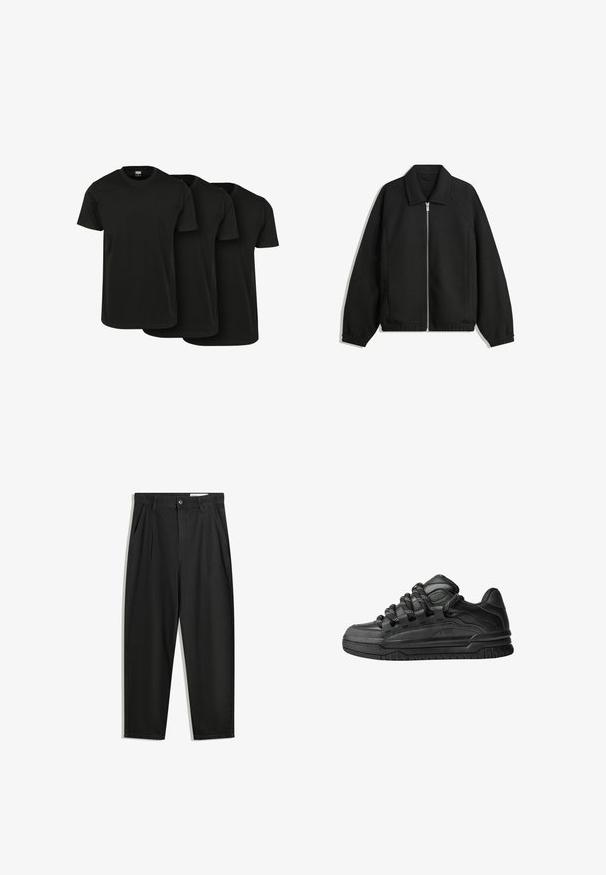 Čierna bunda vyrobená z textúrovaného materiálu, s plným predným zipsom, golierom a elastickými manžetami, so voľnejším strihom a bočnými vreckami.; Tri kombinéz štýlové čierne bavlnené tričká s krátkymi rukávmi, okrúhlym výstrihom a hladkou textúrou, zobrazené prekryté. Žiadne viditeľné vzory ani logá.; Čierne bavlnené nohavice s voľným strihom, s klasickým pásom, prednými záhybmi a bočnými vreckami. Hladká textúra bez vzorov.; Čierne tenisky s hladkým koženým zvrškom, štruktúrovanými akcentami a okrúhlymi čierno-bielymi šnúrkami. Hrubá gumená podrážka s vzorovaným dezénom.