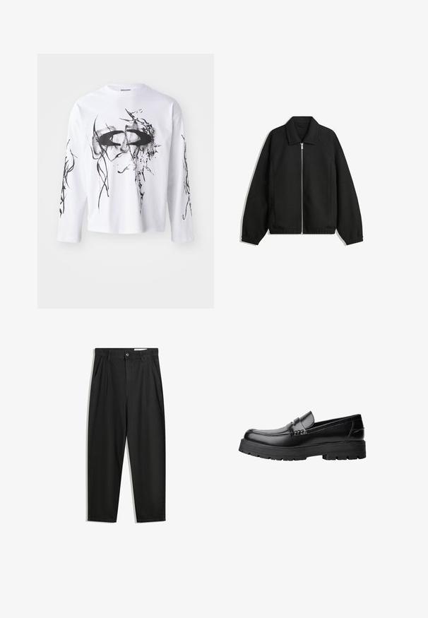 Črna jakna iz teksturirane tkanine, z dvostranskim zadrgo spredaj, ovratnikom in elastičnimi manšeti, sproščenega kroja in stranskimi žepi.; Weekday Majica z dolgimi rokavi - white; Črne bombažne hlače s sproščenim krojem, ki vključujejo klasičen pas, sprednje gube in stranske žepke. Gladka tekstura brez vzorcev.; Črne usnjene loafersice s debelim profiliranim podplatom in dekorativnim pasom čez zgornji del, prikazane v levem stranskem profilu na beli podlagi.