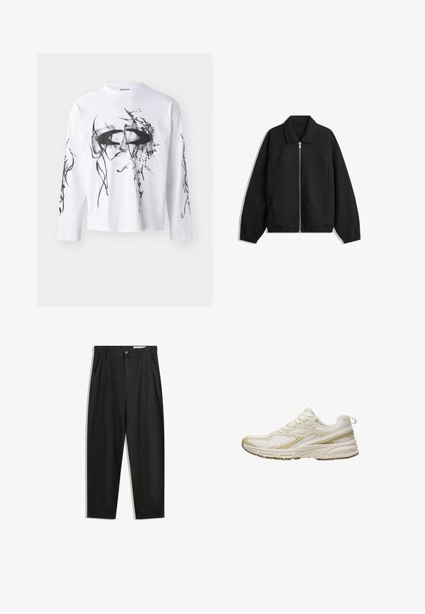 Čierna bunda vyrobená z textúrovaného materiálu, s plným predným zipsom, golierom a elastickými manžetami, so voľnejším strihom a bočnými vreckami.; Weekday Top s dlhým rukávom - white; Čierne bavlnené nohavice s voľným strihom, s klasickým pásom, prednými záhybmi a bočnými vreckami. Hladká textúra bez vzorov.; Biele športové topánky vyrobené z textílie a syntetického materiálu, s oble zakrivenou špičkou, polstrovanou podrážkou a béžovými akcentmi po stranách.