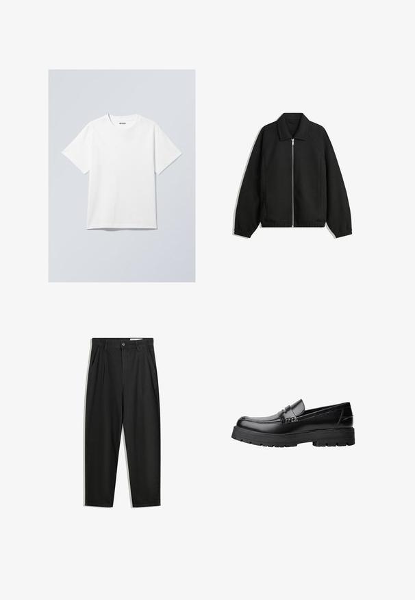 Schwarze Jacke aus strukturiertem Stoff, mit vollem Reißverschluss auf der Vorderseite, Kragen und elastischen Manschetten, im entspannten Schnitt und mit seitlichen Taschen.; Weißes Baumwoll-T-Shirt mit rundem Halsausschnitt, kurzen Ärmeln und lockerer Passform. Verziert mit einem Markenlabel mit der Aufschrift "WEEKDAY" am Halsausschnitt.; Schwarze Baumwollhose mit lockerem Schnitt, ausgestattet mit einem klassischen Bund, vorderen Falten und Seiten taschen. Glatte Textur ohne Muster.; Schwarzer Lederloafer mit grobem, rutschfestem Sohlenprofil und dekorativem Riemen über der Oberseite, seitlich links auf weißem Hintergrund abgebildet.