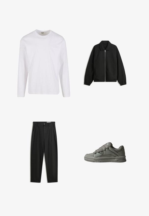 Musta takki, joka on valmistettu teksturoidusta kankaasta ja jossa on koko etuvetoketju, kaulus ja joustavat hihansuut. Takissa on rento istuvuus ja sivutaskut.; Valkoinen pitkähihainen t-paita, joka on valmistettu pehmeästä puuvillasta. T-paidassa on pyöreä pääntie ja siisti, saumatonta muotoilua ilman graafisia kuvioita tai koristeluja.; Mustat puuvillahousut rentoa mallia, joissa on klassinen vyötärö, etukangastukset ja sivutaskut. Sileä pinta ilman kuvioita.; Harmaa urheilukenkä, jossa on tekstiilipintainen nahka- ja verkko-yläosa, paksu kumipohja sekä voimakkaasti pehmustettu kieli ja sivut. Kengissä on nauhat ja sivukorostukset.