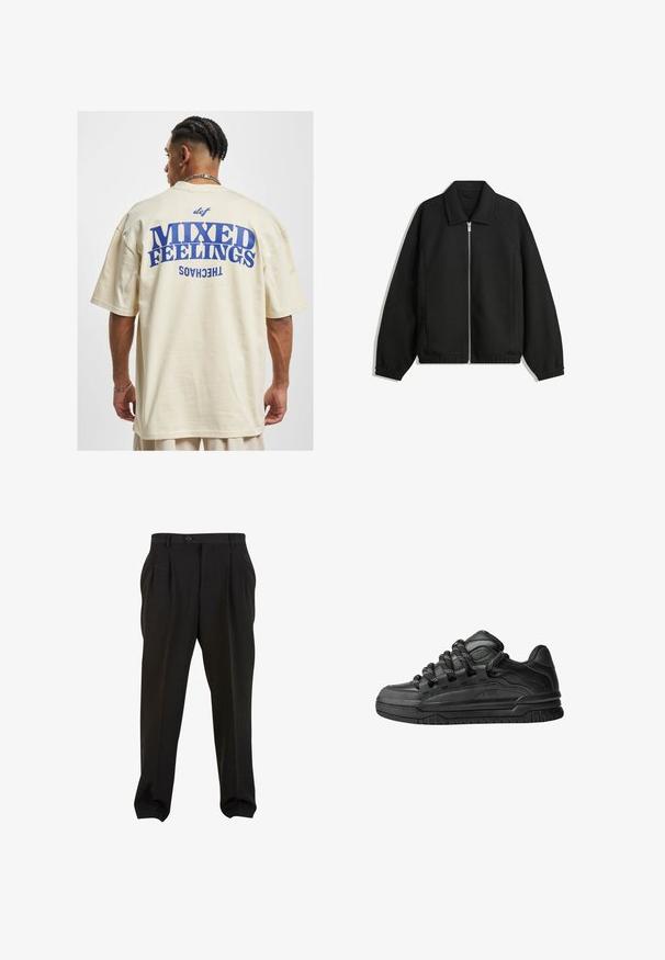 Jachetă neagră dintr-un material texturat, cu fermoar frontal complet, guler și manșete elastice, având o croială lejeră și buzunare laterale.; DEF MIXED - Tricou cu imprimeu - beige; Pantaloni negri dintr-un material neted, cu pliuri frontale, talie cu nasture și mansete tapered la glezne. Siluetă clasică, Croi elegant.; Adidași negri cu o parte superioară din piele netedă, accente texturate și șireturi rotunde negre și albe. Talpă groasă din cauciuc cu un profil texturat.