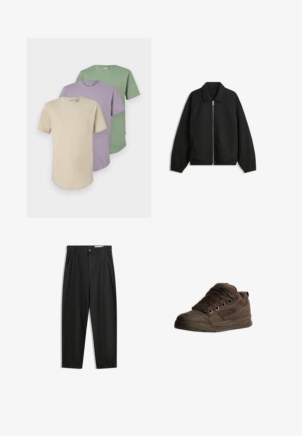 Čierna bunda vyrobená z textúrovaného materiálu, s plným predným zipsom, golierom a elastickými manžetami, so voľnejším strihom a bočnými vreckami.; Tričko s krátkym rukávom v krémovej, levandulovej a zelenej farbe. Vyrobené z mäkkej bavlny, s okrúhlym výstrihom a voľným strihom.; Čierne bavlnené nohavice s voľným strihom, s klasickým pásom, prednými záhybmi a bočnými vreckami. Hladká textúra bez vzorov.; Hnedé športové topánky vyrobené z hladkého syntetického materiálu. Vybavené hrubými šnúrkami, mriežkovými akcentmi, vycpaným golierom a textúrovanou gumovou podrážkou.
