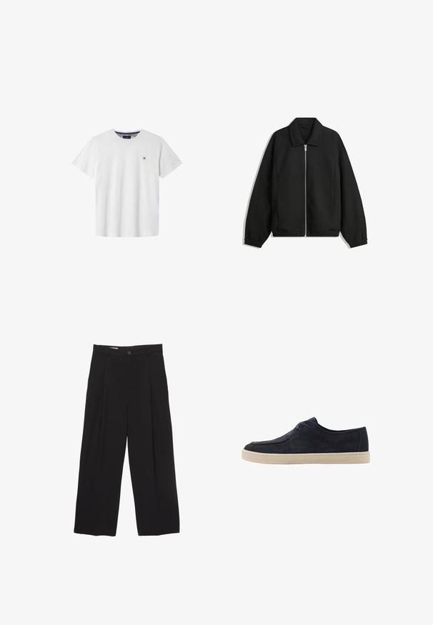 Musta takki, joka on valmistettu teksturoidusta kankaasta ja jossa on koko etuvetoketju, kaulus ja joustavat hihansuut. Takissa on rento istuvuus ja sivutaskut.; Valkoinen puuvillapaita, jossa on lyhyet hihat, pyöreä pääntie ja tummansininen ristisilhuetti vasemmassa rinnassa. Sisäkauluksessa on kuviollinen kohtaus.; Mustat väljät housut, jotka on valmistettu sileästä kankaasta ja joissa on litteä vyötärö, etupleaatit ja yksi nappisulku.; Navy suede kengät, joissa on pyöreä kärki, kaksi rei'itystä nauhoille ja kermansävyinen kumipohja. Sileä pinta ja minimalistinen muotoilu.