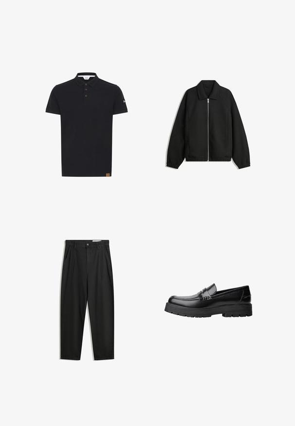 Svart jacka i strukturerad tyg, med full dragkedja framtill, krage och elastiska muddar, med en avslappnad passform och sidofickor.; Svart polo skjorta i en enfärgad design, med klassisk krage, tre bruna knappar och en texturerad patch med logotyp på ärmen.; Svarta bomullsshorts med avslappnad passform, med en klassisk midja, framveck och sidfickor. Slät textur utan mönster.; Svart läderloafer med kraftig mönstrad sula och dekorativ rem över framtill, visad i vänster sidoprofil på vit bakgrund.