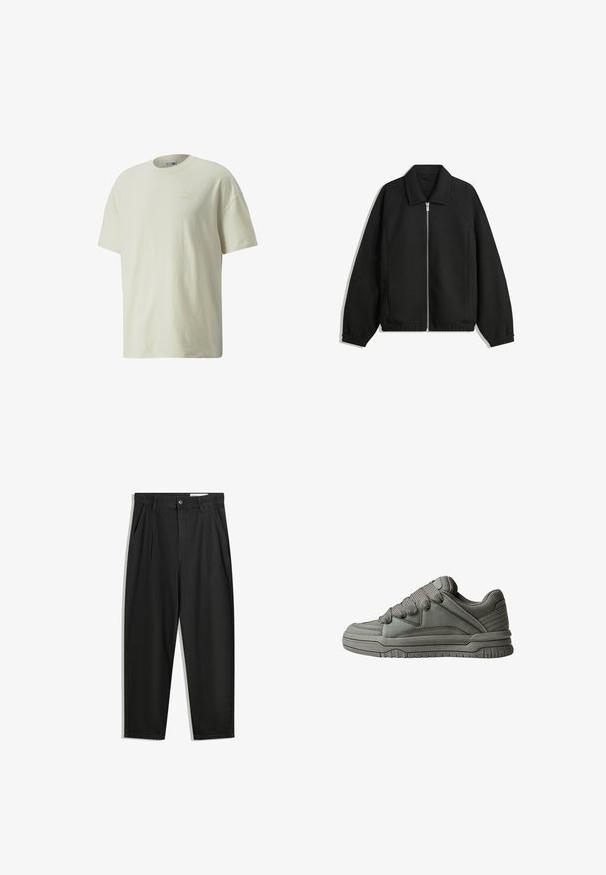 Jachetă neagră dintr-un material texturat, cu fermoar frontal complet, guler și manșete elastice, având o croială lejeră și buzunare laterale.; Tricou din bumbac de culoare crem, cu guler rotund clasic, mâneci scurte și un logo Puma subtil, într-o nuanță mai deschisă, pe piept.; Pantaloni negri din bumbac cu croială lejeră, având un brâu clasic, plii frontale și buzunare laterale. Textură netedă fără modele.; Pantof de sport gri, cu un superior din piele texturată și plasă, talpă groasă din cauciuc și un limbaj proeminent, căptușit pe părțile laterale. Include șireturi și accente laterale.