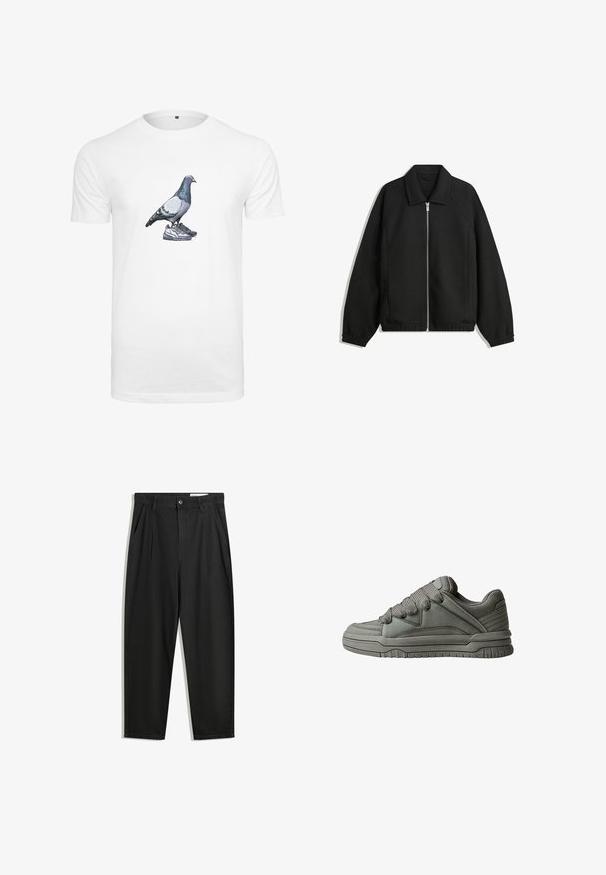 Črna jakna iz teksturirane tkanine, z dvostranskim zadrgo spredaj, ovratnikom in elastičnimi manšeti, sproščenega kroja in stranskimi žepi.; Bela bombažna majica s grafikonom goloba, ki stoji na paru čevljev, z podrobnimi barvami in sencami na ptici.; Črne bombažne hlače s sproščenim krojem, ki vključujejo klasičen pas, sprednje gube in stranske žepke. Gladka tekstura brez vzorcev.; Sivi atletski čevelj z teksturirano usnjeno in mrežasto zgornjico, debelim gumijastim podplatom ter izrazito oblazinjenim jezikom in stranmi. Vključene vezalke in stranski poudarki.
