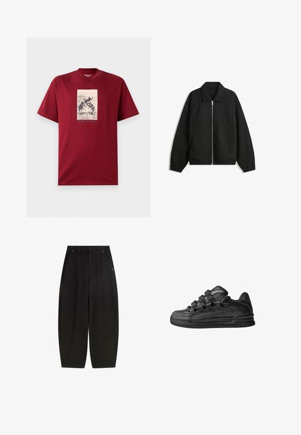 Sort jakke lavet af struktureret stof, med fuld frontlynlås, krave og elastiske mansjetter, i en afslappet pasform og sidelommer.; Bordeaux bomulds t-shirt med et sort og hvidt grafisk tryk af legesyge hunde med teksten "Alt arbejde og ingen leg" nedenunder. Korte ærmer.; Sorte wide-leg bukser med frontlommer, plisseret design og en ren finish. Lavet af tekstureret stof med knaplukning.; Sorte sneakers med en glat læderoverdel, teksturerede accenter og runde sorte og hvide snørebånd. Tyk gummisål med et mønstret slidbanemønster.