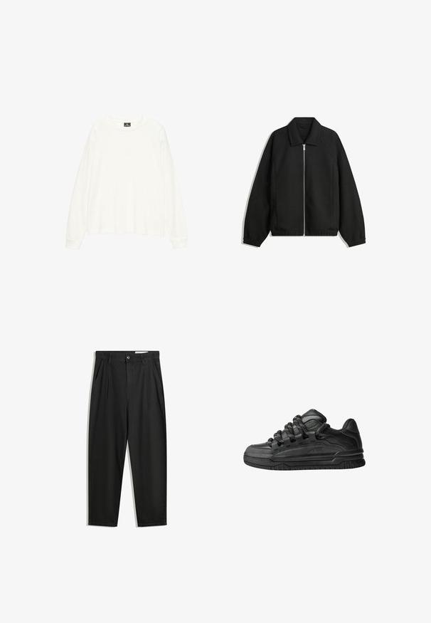 Sort jakke lavet af struktureret stof, med fuld frontlynlås, krave og elastiske mansjetter, i en afslappet pasform og sidelommer.; Hvid langærmet skjorte lavet af blødt materiale, med en bred rund halsudskæring og løs pasform. Glat overflade med ribbede manchetter.; Sorte bomuldsbukser med en afslappet pasform, der har en klassisk talje, frontfolder og sidelommer. Glat tekstur uden mønstre.; Sorte sneakers med en glat læderoverdel, teksturerede accenter og runde sorte og hvide snørebånd. Tyk gummisål med et mønstret slidbanemønster.