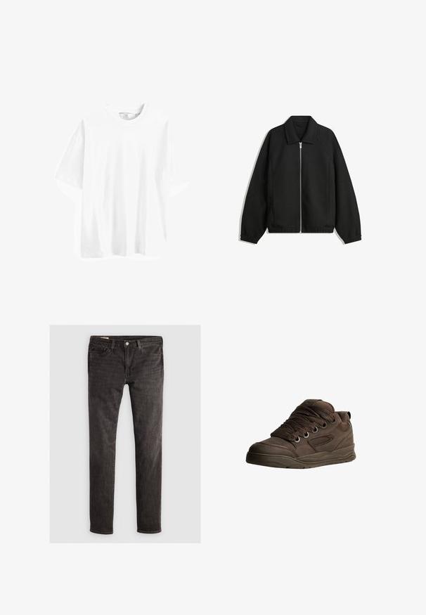 Črna jakna iz teksturirane tkanine, z dvostranskim zadrgo spredaj, ovratnikom in elastičnimi manšeti, sproščenega kroja in stranskimi žepi.; Bela bombažna majica s kratkimi rokavi, okrogel izrez, sproščen kroj in gladka tekstura. Brez vidnih vzorcev ali dodatkov.; Črne jeans hlače s slim fit krojem, z obliko petih žepov, mesinganimi gumbi in subtilno teksturo. Brez vidnih vzorcev ali dodatnih okrasitev.; Rjave športne čevlje, izdelane iz gladkega sintetičnega materiala. Imajo debele vezalke, mrežaste dodatke, podložen ovratnik in strukturo gumijastega podplata.