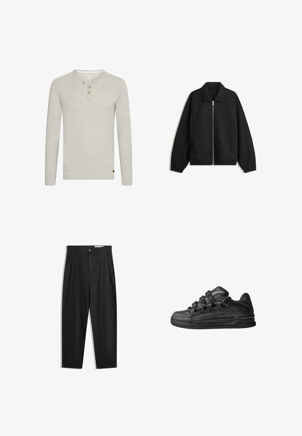 Black jacket made of textured fabric, featuring a full front zip, collar, and elastic cuffs with a relaxed fit and side pockets.; Light grey long-sleeve shirt made of soft fabric, featuring a round neckline, three wooden buttons, and a small brown logo patch at the hem.; Black cotton trousers with a relaxed fit, featuring a classic waistband, front pleats, and side pockets. Smooth texture without patterns.; Black sneakers with a smooth leather upper, textured accents, and round black and white laces. Thick rubber sole with a patterned tread.