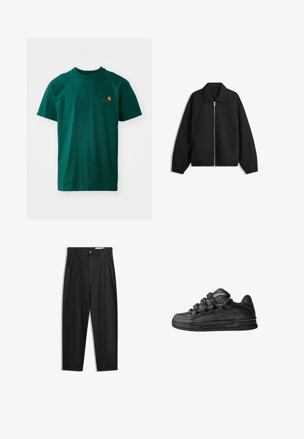Schwarze Jacke aus strukturiertem Stoff, mit vollem Reißverschluss auf der Vorderseite, Kragen und elastischen Manschetten, im entspannten Schnitt und mit seitlichen Taschen.; Grünes Baumwoll-T-Shirt mit Rundhalsausschnitt und kurzen Ärmeln. Es hat ein kleines, kontrastierendes Logo in Orange und Rot auf der linken Brust.; Schwarze Baumwollhose mit lockerem Schnitt, ausgestattet mit einem klassischen Bund, vorderen Falten und Seiten taschen. Glatte Textur ohne Muster.; Schwarze Sneakers mit einem glatten Leder-Obermaterial, strukturierten Akzenten und runden schwarz-weißen Schnürsenkeln. Dicke Gummisohle mit einem gemusterten Profil.