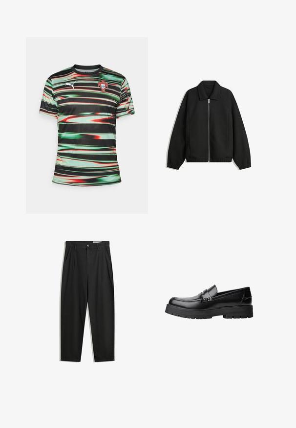 Crna jakna izrađena od teksturirane tkanine, s punim prednjim zatvaračem, ovratnikom i elastičnim manžetama, opuštenog kroja i bočnim džepovima.; Crna sportska majica kratkih rukava s zelenim i crvenim horizontalnim prugama. Sadrži Puma logo i grb portugalske reprezentacije na prsima.; Crne pamučne hlače s opuštenim krojem, s klasičnim pojasom, prednjim nabranjima i bočnim džepovima. Glatka tekstura bez uzoraka.; Crna kožna mokasina s debelim potplatima i dekorativnom trakom preko gornjeg dijela, prikazana u lijevom bočnom profilu na bijeloj pozadini.