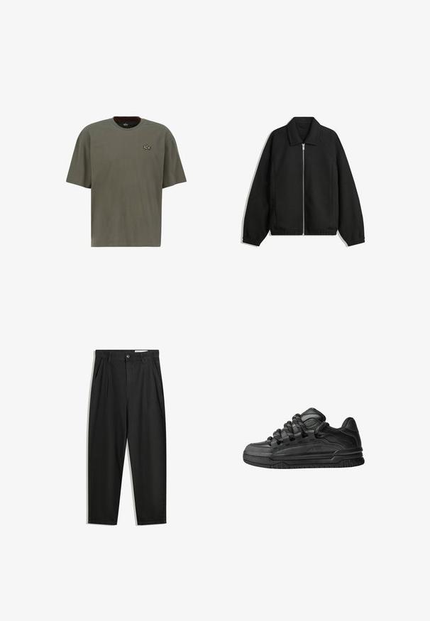 Černá bunda vyrobená z texturované látky, s plným předním zipem, límcem a elastickými manžetami, s volným střihem a bočními kapsami.; Olivově zelené tričko s krátkým rukávem vyrobené z bavlny, s kulatým výstřihem a malým vyšitým zlatým logem na levém prsu.; Černé bavlněné kalhoty s uvolněným střihem, klasickým pasem, předními záhyby a bočními kapsami. Hladká textura bez vzorů.; Černé tenisky s hladkým koženým svrškem, texturovanými akcenty a kulatými černobílými tkaničkami. Silná gumová podrážka s vzorovaným dezénem.