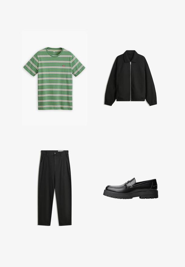 Black jacket made of textured fabric, featuring a full front zip, collar, and elastic cuffs with a relaxed fit and side pockets.; Green striped t-shirt made of cotton, featuring horizontal white, yellow, and blue stripes, with a small red Levi's logo on the chest.; Black cotton trousers with a relaxed fit, featuring a classic waistband, front pleats, and side pockets. Smooth texture without patterns.; Black leather loafer with chunky treaded sole and decorative strap across the upper, shown in left side profile on white background.