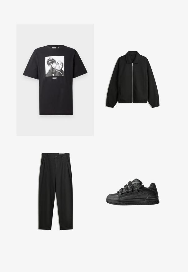 Černá bunda vyrobená z texturované látky, s plným předním zipem, límcem a elastickými manžetami, s volným střihem a bočními kapsami.; Černé bavlněné tričko s krátkým rukávem a kulatým výstřihem, které má čtvercovou bílou grafiku dvou postav a pod obrázkem je logo "oasis".; Černé bavlněné kalhoty s uvolněným střihem, klasickým pasem, předními záhyby a bočními kapsami. Hladká textura bez vzorů.; Černé tenisky s hladkým koženým svrškem, texturovanými akcenty a kulatými černobílými tkaničkami. Silná gumová podrážka s vzorovaným dezénem.