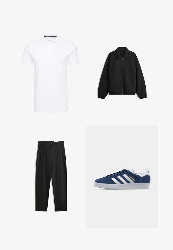 Fekete kabát texturált anyagból, teljes elöl cipzárral, gallérral és rugalmas mandzsettákkal, laza szabással és oldalsó zsebekkel.; Fehér pólóing, pamutból készült, hagyományos gallérral, rövid ujjú, és háromgombos lecsúsztatással, finom tengerészkék részletekkel a belső oldalán.; Fekete pamut nadrág laza szabással, klasszikus derékrésszel, elülső hajtásokkal és oldalsó zsebekkel. Simább textúra minta nélkül.; Tengerész kék velúr sportcipők fehér bőr részletekkel, három fehér csíkkal és arany "Gazelle" logóval. Kerek gumitalp, alacsony fazon.