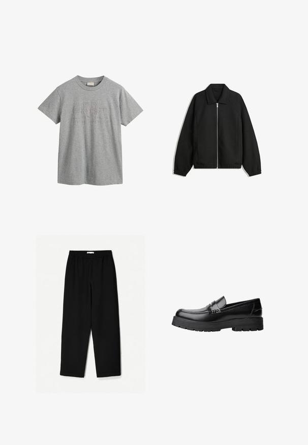Čierna bunda vyrobená z textúrovaného materiálu, s plným predným zipsom, golierom a elastickými manžetami, so voľnejším strihom a bočnými vreckami.; Šedé bavlnené tričko s krátkymi rukávmi a okrúhlym výstrihom, s vyvýšeným logom, ktoré obsahuje "GANT" a "American Sportswear."; Čierne nohavice s širokými nohavicami vyrobené z ľahkej tkaniny. Majú elasticitu v páse a hladký povrch. Bez viditeľných vzorov alebo kovania.; Čierne kožené mokasíny s masívnou podrážkou a dekoratívnym pásom cez hornú časť, zobrazené z ľavého bočného profilu na bielom pozadí.