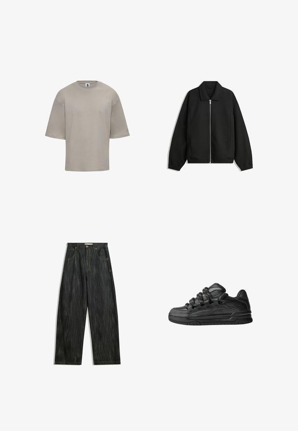 Crna jakna izrađena od teksturirane tkanine, s punim prednjim zatvaračem, ovratnikom i elastičnim manžetama, opuštenog kroja i bočnim džepovima.; Majica s kratkim rukavima i okruglim izrezom u svijetlosmeđoj pamuku. Ima opušteni kroj, glatku teksturu i suptilnu marku na rukavu.; Tamne traperice tamnog denima sa slobodnim krojem, s blagim vertikalnim teksturom, žutim šavovima, pet džepova i klasičnim dugmetom za zatvaranje.; Crne tenisice s glatkom kožnom gornjom površinom, teksturiranim detaljima i okruglim crnim i bijelim vezicama. Debeli gumeni potplat s uzorkom.