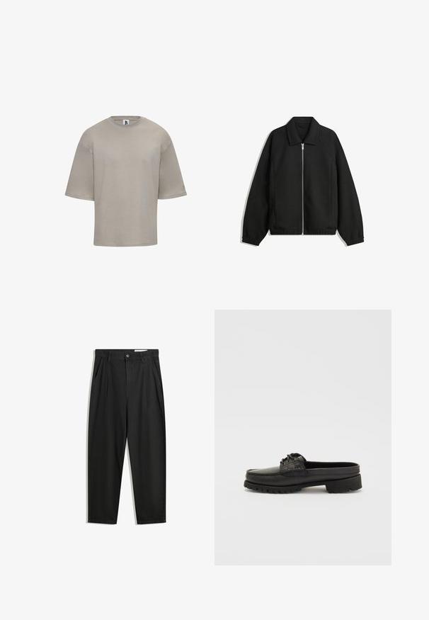 Črna jakna iz teksturirane tkanine, z dvostranskim zadrgo spredaj, ovratnikom in elastičnimi manšeti, sproščenega kroja in stranskimi žepi.; Majica s kratkimi rokavi in okroglim izrezom iz svetle bež bombažne tkanine. Ima sproščen kroj, gladko teksturo in diskretno blagovno znamko na rokavu.; Črne bombažne hlače s sproščenim krojem, ki vključujejo klasičen pas, sprednje gube in stranske žepke. Gladka tekstura brez vzorcev.; Črne usnjene čevlje brez vezalk z detajli vezalke, zaobljenim prstom in teksturiranim podplatom. Imajo rahlo dvignjen peto in gladko površino.