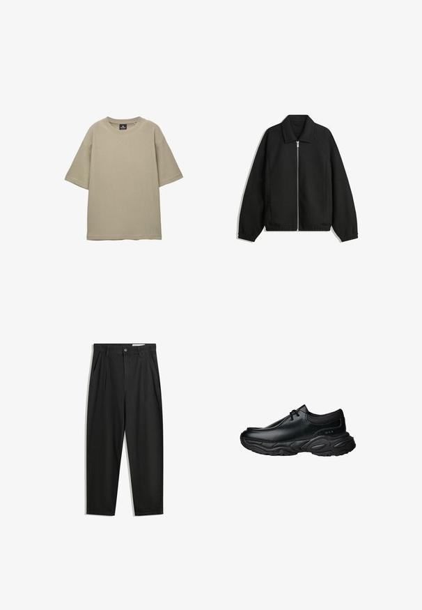 Czarna kurtka z teksturowanej tkaniny, z pełnym zamkiem z przodu, kołnierzem i elastycznymi mankietami, o luźnym kroju i kieszeniach po bokach.; Beżowa, krótko rękawowa koszulka wykonana z fakturowanej tkaniny. Posiada okrągły dekolt oraz luźny, swobodny fason bez widocznych wzorów czy akcentów.; Czarne bawełniane spodnie o luźnym kroju, z klasycznym pasem, przednimi plisy oraz bocznymi kieszeniami. Gładka struktura, bez wzorów.; Czarne skórzane buty wsuwane z okrągłym noskiem i grubą, teksturowaną gumową podeszwą. Posiadają subtelne przeszycia oraz elastyczne akcenty na kołnierzu.