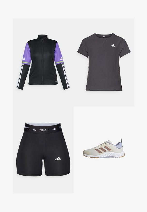 Melna ar rāvējslēdzēju jaka ar purpura piedurknēm, zaļu un baltu svītru, un trim baltām svītrām uz melnajām piedurknēm. Izgatavota no gludas auduma.; Īsām piedurkņu sporta T-krekls, tumši pelēks ar perforētu tekstūru. Iespējots ar baltu logotipu un kontrastējošām sānu svītrām. Apaļa kakla izgriezums.; Melnas šortus, izgatavotus no elastīga auduma, ar pieguļošu dizainu. Iezīmēts ar plašu melnu jostasvietu, uz kuras ir uzraksts "TECHFIT", un ar baltu logotipu uz kājas.; adidas Performance EVERYSET VERSATILE - Treniņkurpes - chalk white warm clay violet tone