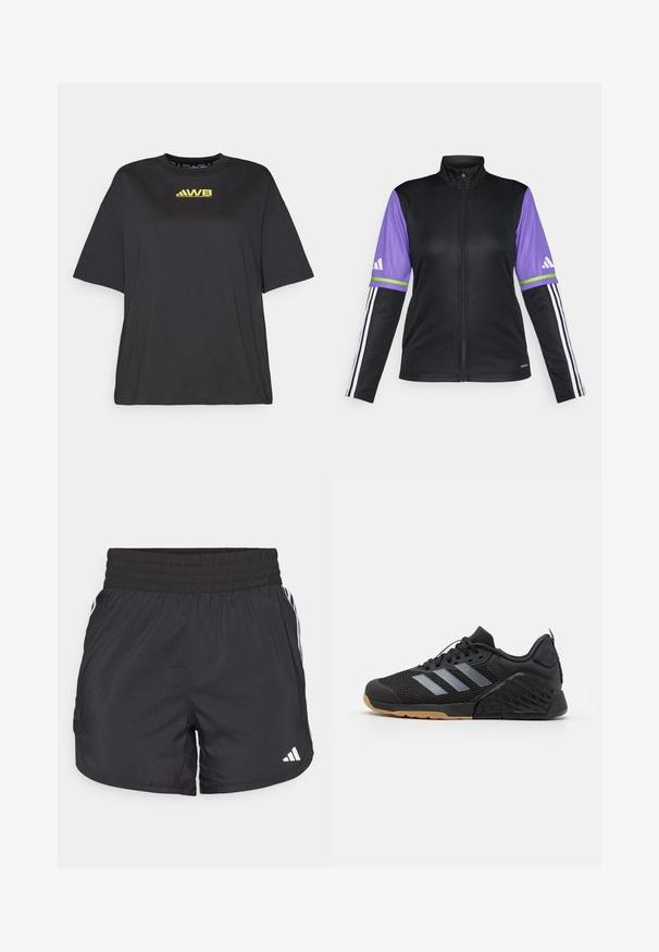 Musta vetoketjullinen takki, jossa on purppuranpunaiset hihet, vihreät ja valkoiset raidat sekä kolme valkoista raitaa mustissa hihansuissa. Valmistettu sileästä kankaasta.; Mustat lyhythihaiset t-paidat, jotka on valmistettu pehmeästä puuvillasta, sisältävät löysän leikkauksen, pyöreän kaula-aukon ja keltaisen logon rinnassa.; Mustat urheilushortsit, joissa on joustava vyötärö, sivutaskut ja valkoiset raidat sivuilla. Valmistettu kevyestä materiaalista.; Musta urheilukenkä, jossa on verkkomateriaali päällisessä, harmaa kolmiraidallinen kuvio, kumipohja sekä teksturoidut yksityiskohdat kantapäässä ja sivuilla.