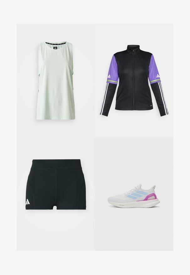 Mustast zip-up jakist koos lillade varrukatega, roheliste ja valgete triipudega, ning mustade mansettide peal on kolm valget triipu. Valmistatud siledast kangast.; Müntz roheline ilma varrukateta topp ümmarguse kaelusega, siledast tekstuurist ja külje lõigetega; kaelus on mustade täppidega kangast.; Mustad mustad lühikesed püksid, mis on valmistatud venivast kangast, kõrge vöökoht, vormitud lõige ja vasakul küljel valge Adidas logo.; adidas Performance PUREBOOST 5 - Maanteejooksu jalatsid - white/glow blue/purple burst