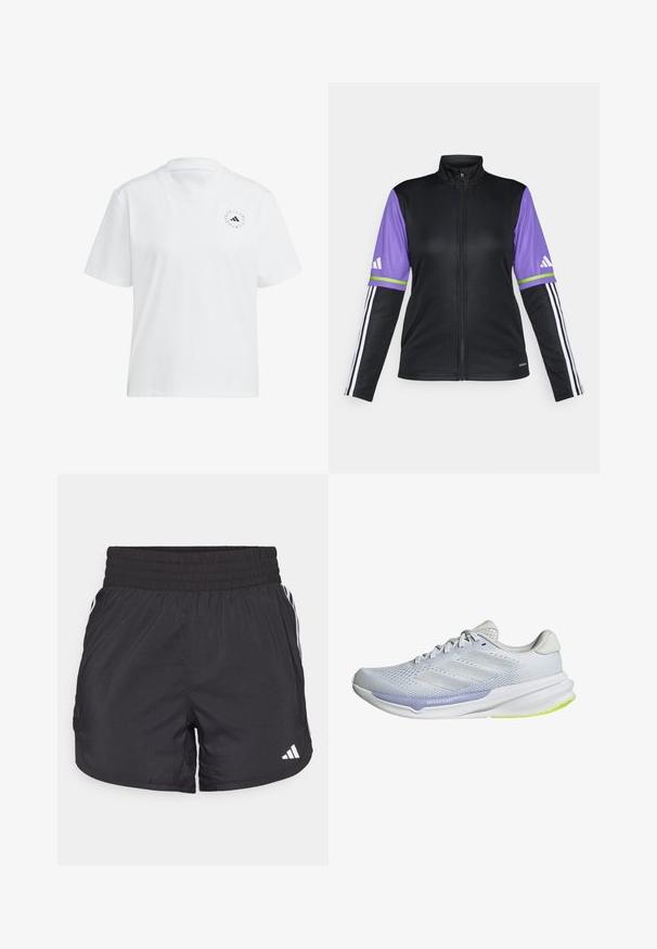 Zwarte zip-up jas met paarse mouwen, groene en witte strepen, en drie witte strepen op de zwarte boorden. Gemaakt van gladde stof.; Witte katoenen t-shirt met een ronde halslijn en korte mouwen. Bevat een klein zwart logo op de linkerborst. Effen kleur, zachte textuur.; Zwarte sportieve shorts met een elastische tailleband, zijzakken en witte streepaccenten aan de zijkanten. Gemaakt van lichtgewicht materiaal.; Witte sportschoen met een ademende mesh bovenkant, een gemêleerd ontwerp en lavendelkleurige accenten. Heeft een gevoerde zool met groene details op de buitenzool.
