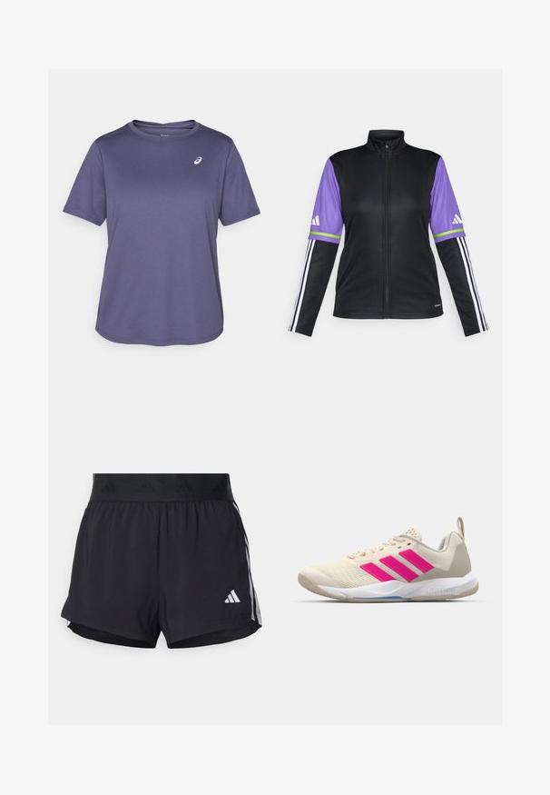 Melna ar rāvējslēdzēju jaka ar purpura piedurknēm, zaļu un baltu svītru, un trim baltām svītrām uz melnajām piedurknēm. Izgatavota no gludas auduma.; Tumši purpursarkans sporta krekls, apaļa kakla izgriezums, īsas piedurknes, izgatavots no teksturēta auduma, ar mazu balto logo kreisajā krūšu daļā.; Melni sporta šorti ar elastīgu jostu, ar teksturētu joslu, sānu svītrām un baltu Adidas logo apakšējā malu.; Beige sporta apavi ar rozā trīs svītru logotipu, strukturētu acu augšdaļu, mīkstu apkaklīti un balto gumijas zoli, ar "LIGHTSTRIKE" zīmolu.