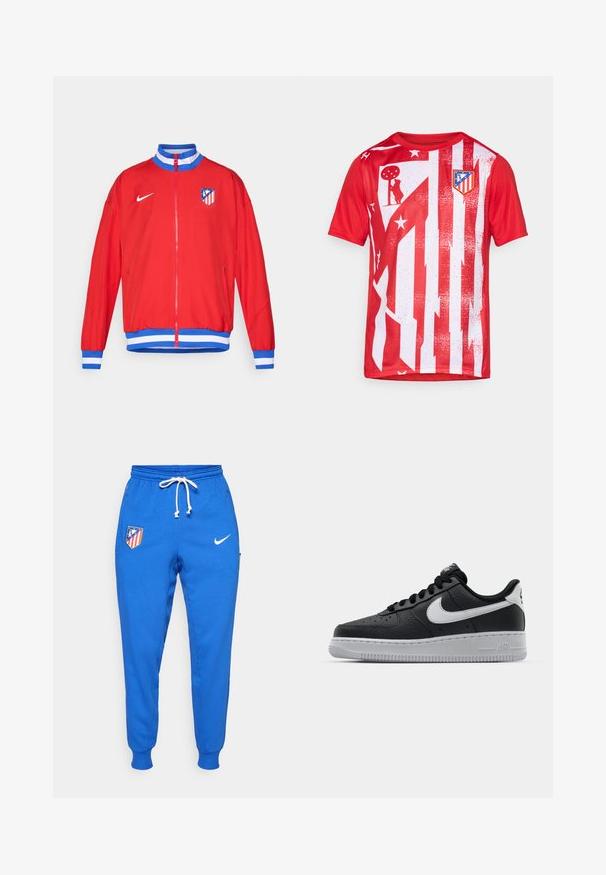 Jachetă sport roșie cu fermoar, cu manșete și tiv în dungi albastre și albe, având un logo Nike și emblema clubului pe pieptul stâng.; Tricou sportiv roșu cu dungi verticale albe, modele uzate și un logo al clubului pe piept. Fabricat din material respirabil.; Pantaloni de trening albastri, confecționați dintr-un material moale, având talie elastică cu șnur, un patch cu logo și manșete cu nervuri la glezne.; Sneaker din piele neagră, cu o suprafață texturată, swoosh alb de la Nike, talpă gri, bot rotund și sistem de șireturi. Prezintă perforații în zona vârfului.