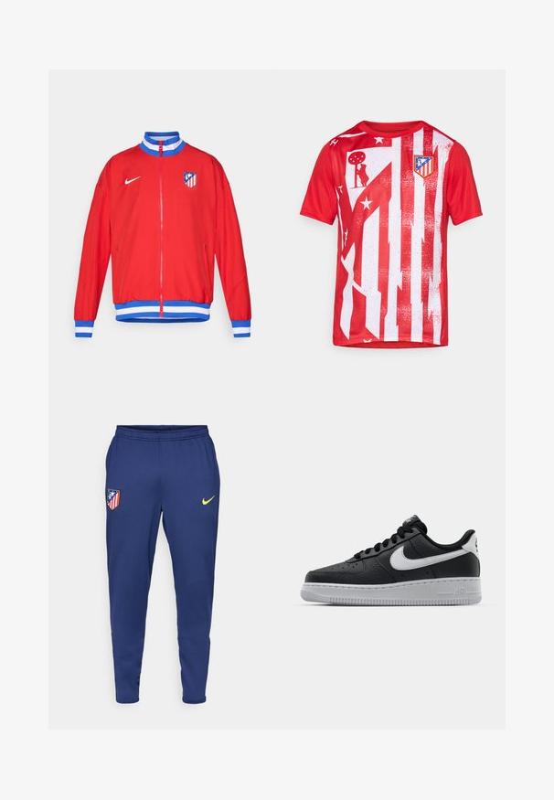 Red athletic jacket with a zip closure, blue and white striped cuffs and hem, featuring a Nike logo and club emblem on the left chest.; Red athletic shirt featuring vertical white stripes, distressed patterns, and a club logo on the chest. Made from breathable fabric.; Navy athletic pants made of lightweight fabric, featuring a yellow Nike logo and a club emblem with red and white stripes. Elastic waistband included.; Black leather sneaker with textured surface, white Nike swoosh, gray sole, round toe, and lace-up design. Features perforations on toe box.