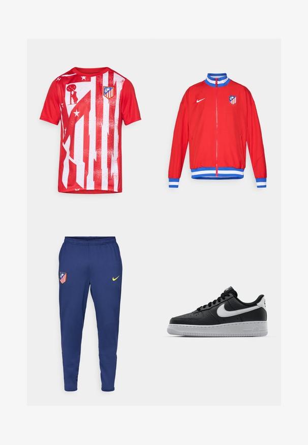 Piros sportos dzseki cipzárral, kék és fehér csíkos mandzsettákkal és alsó résszel, bal mellen Nike logóval és klub emblémával.; Piros sportpóló függőleges fehér csíkokkal, kopott mintázatokkal és egy klublogóval a mellrészen. Lélegző anyagból készült.; Tengerészkék sportnadrág könnyű anyagból, sárga Nike logóval és piros-fehér csíkkal ellátott klub emblémával. Rugalmas derékpánttal rendelkezik.; Fekete bőr edzőcipő mintás felülettel, fehér Nike logóval, szürke talppal, kerek orral és fűzős dizájnnal. Az orr részen perforációk találhatóak.