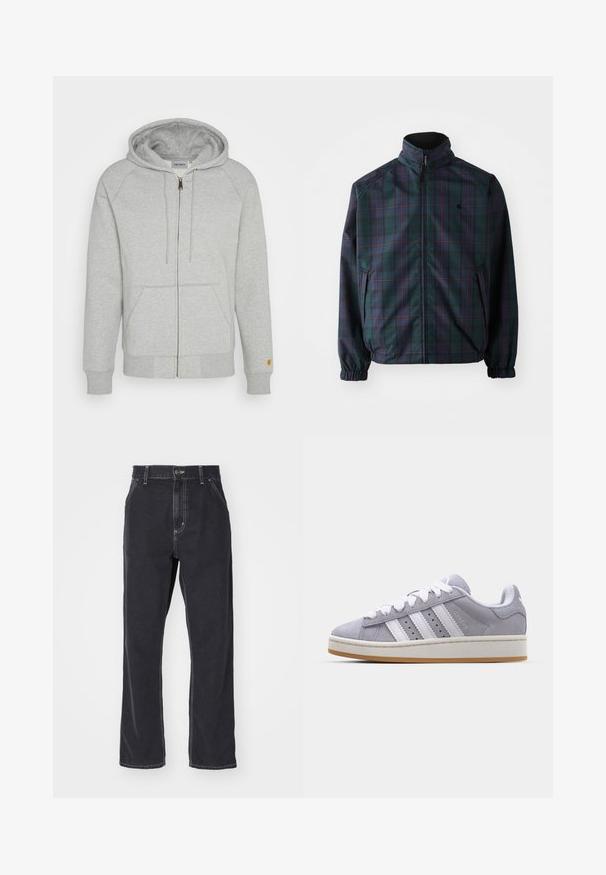Carhartt WIP REVERSIBLE PLANER JACKET - Giacca da mezza stagione - force blue/black; Felpa grigia con zip in morbido misto cotone, dotata di cappuccio, tasche frontali, polsini e fondo a coste, con un accento dorato del logo sulla manica.; T-shirt bianco a maniche corte realizzato in cotone, con scollatura rotonda e vestibilità rilassata. Texture liscia, senza motivi o dettagli visibili.; Jeans in denim nero con taglio dritto, dotati di chiusura con zip, cinque tasche e cuciture a contrasto lungo le cuciture.; Sneakers in suede grigio con strisce bianche, punta rotonda e suola in gomma. Presentano perforazioni laterali e una linguetta sul tallone testurizzata.