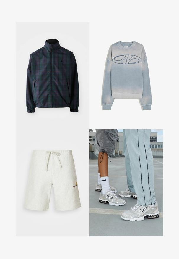Carhartt WIP REVERSIBLE PLANER JACKET - Light jacket - force blue/black; Light blue faded sweatshirt with ribbed cuffs and hem, featuring a large stylized "NY" logo embroidered on the chest.; Light gray shorts made of a textured material. Features an adjustable drawstring waistband and a small logo on the left side.; Nike athletic shoes in a silver mesh material, featuring white laces, a black swoosh logo, and a black and red air cushioning sole.