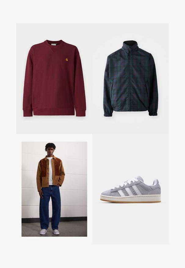 Carhartt WIP REVERSIBLE PLANER JACKET - Giacca da mezza stagione - force blue/black; Carhartt WIP AMERICAN SCRIPT - Felpa - malbec; Uomo che sta in piedi all'interno, indossando una giacca di velluto a coste marrone con macchie arrugginite, una maglietta bianca, jeans blu larghi e sneaker bianche.; Sneakers in suede grigio con strisce bianche, punta rotonda e suola in gomma. Presentano perforazioni laterali e una linguetta sul tallone testurizzata.